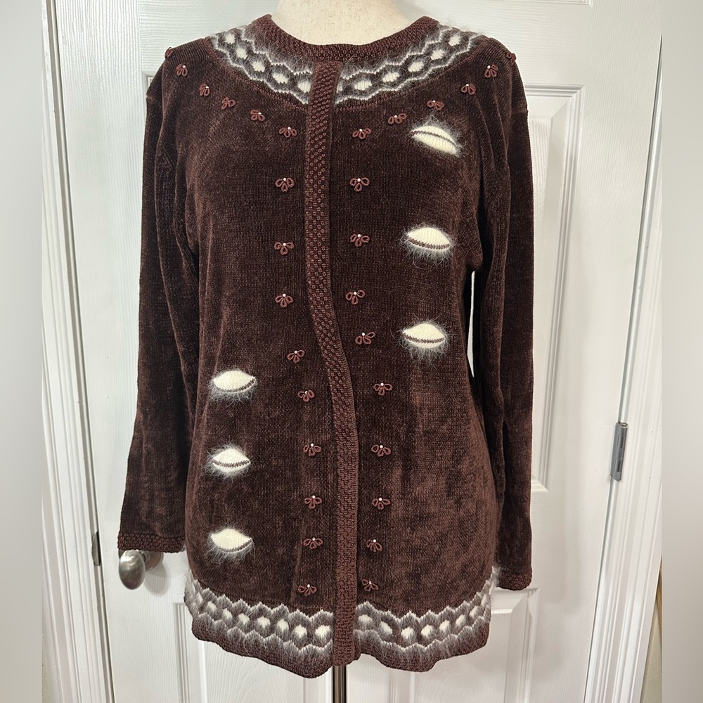 Radzoli Brown and Cream Sweater Embroidered Knit Shell Embellishments VTG